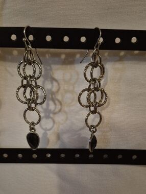 Silver-Tone Multi-Ring Drop Earrings with Black Teardrop Stone